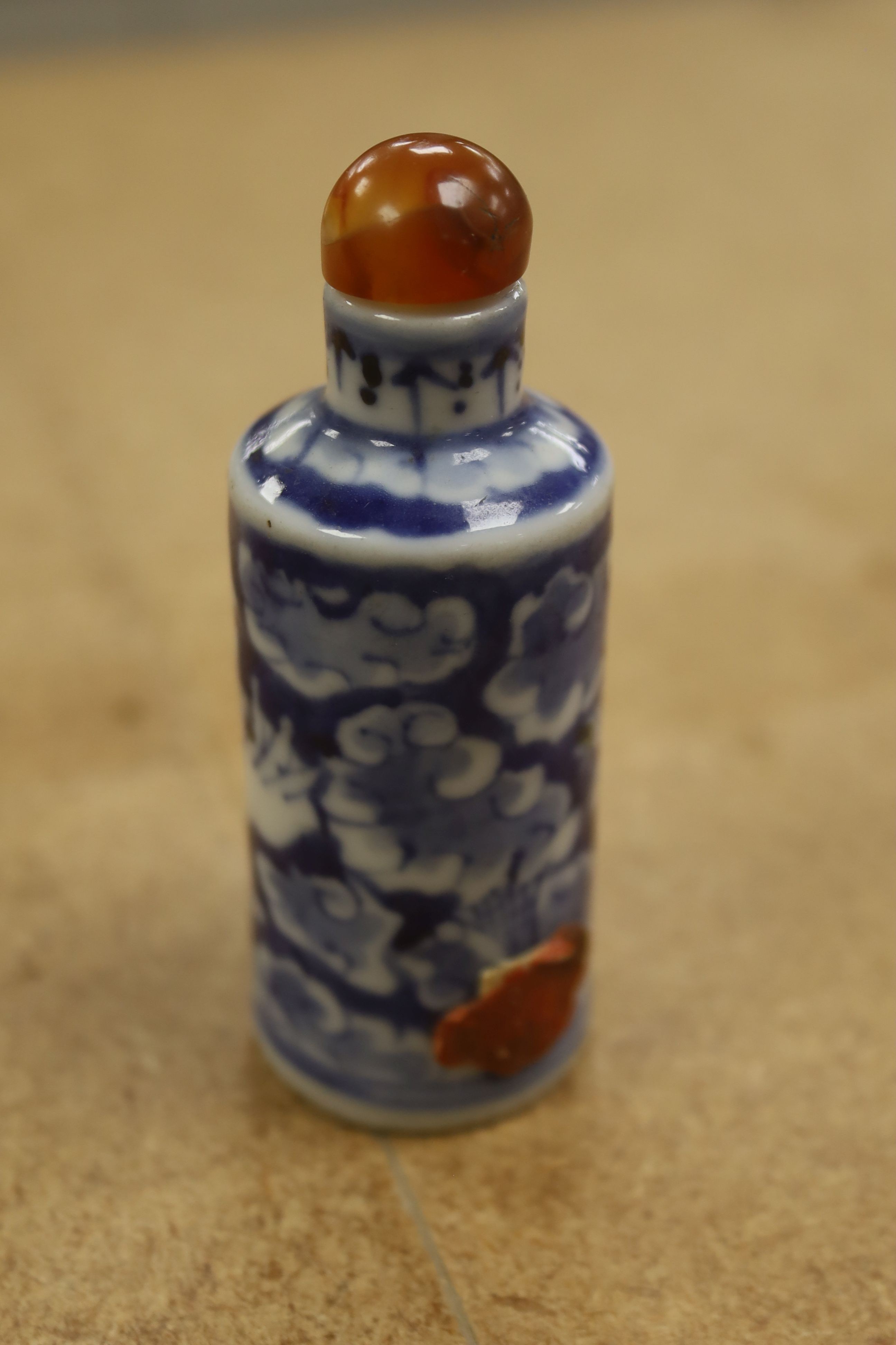 A Chinese blue and white snuff bottle, 9cm high including stopper